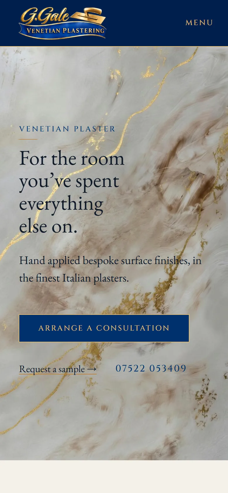 G.Gale Venetian Plastering, the top of its homepage on a phone