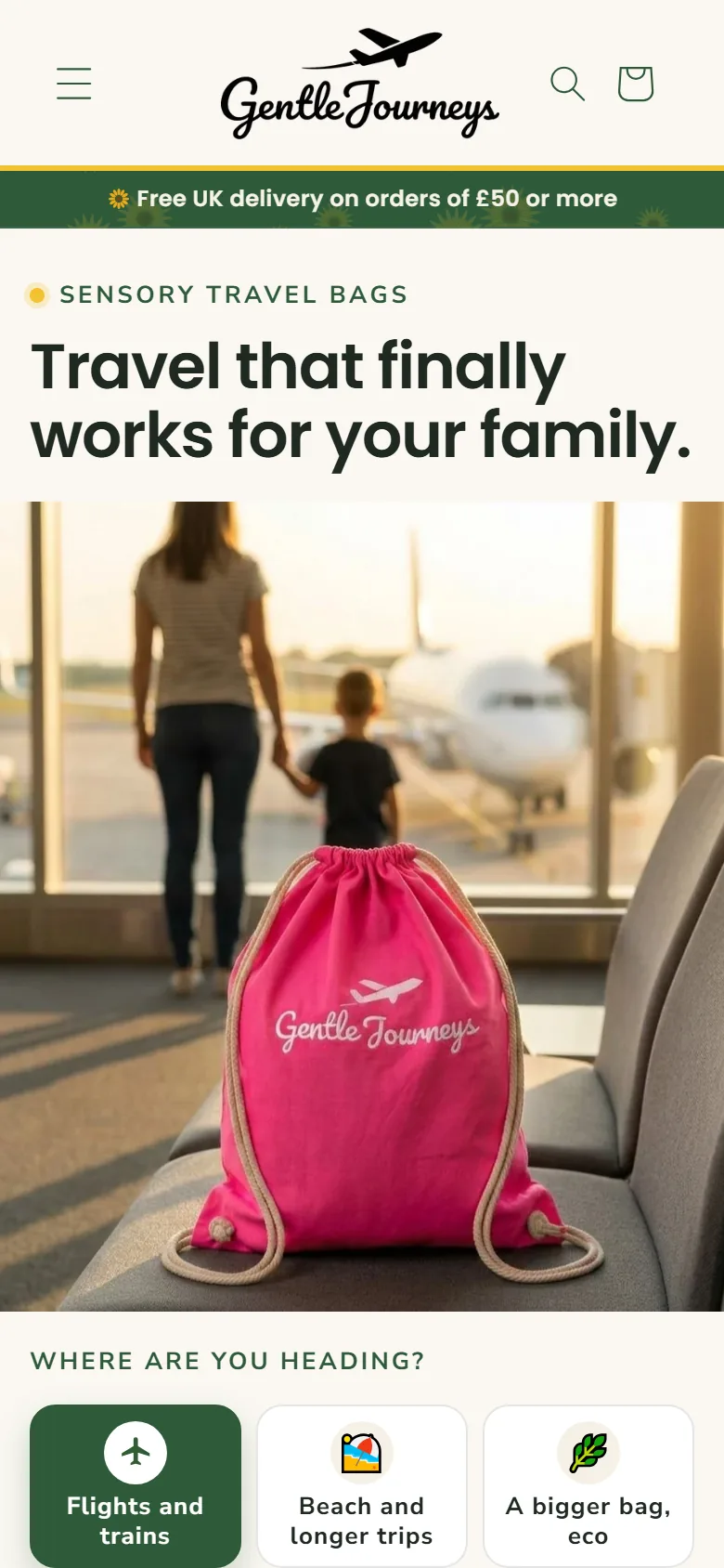 Gentle Journeys, the top of its homepage on a phone