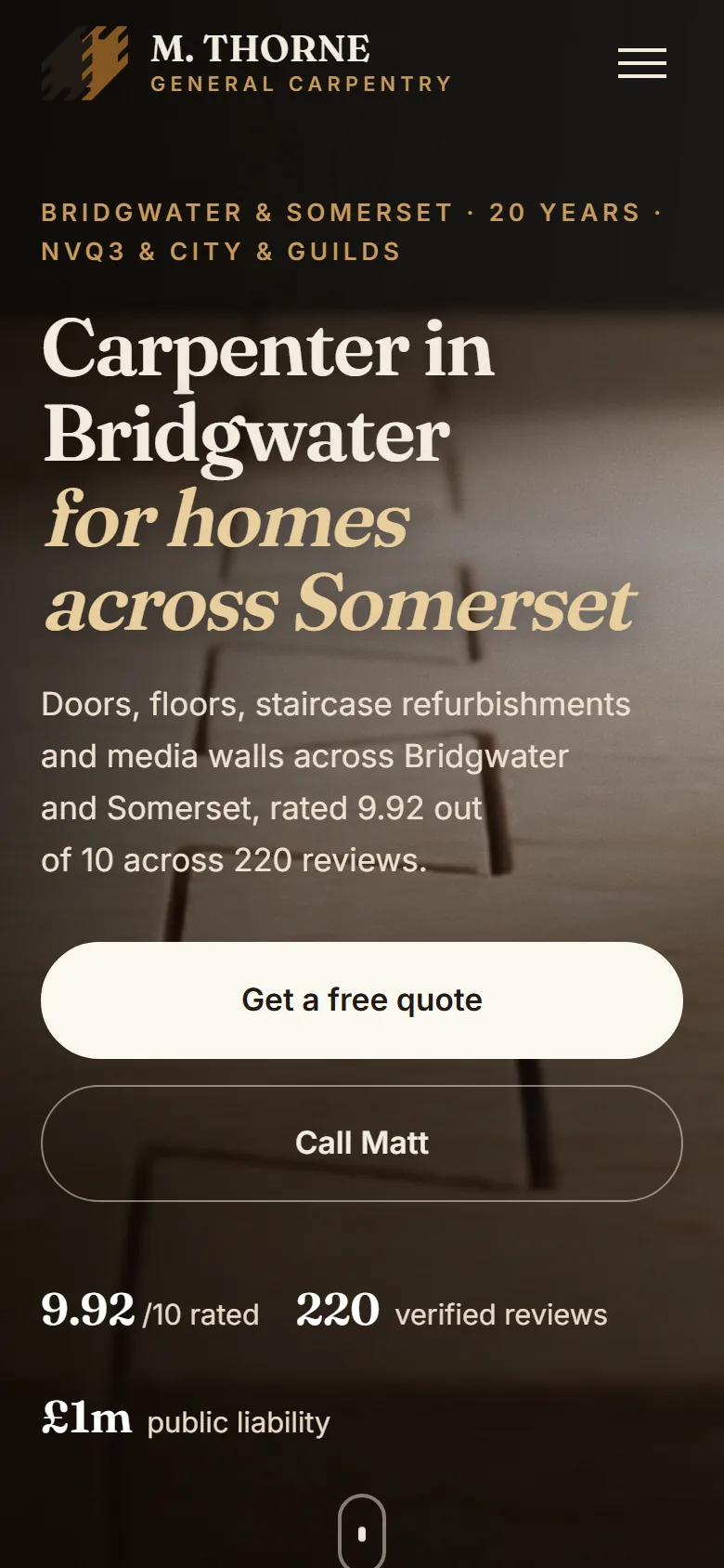 M. Thorne General Carpentry, the top of its homepage on a phone