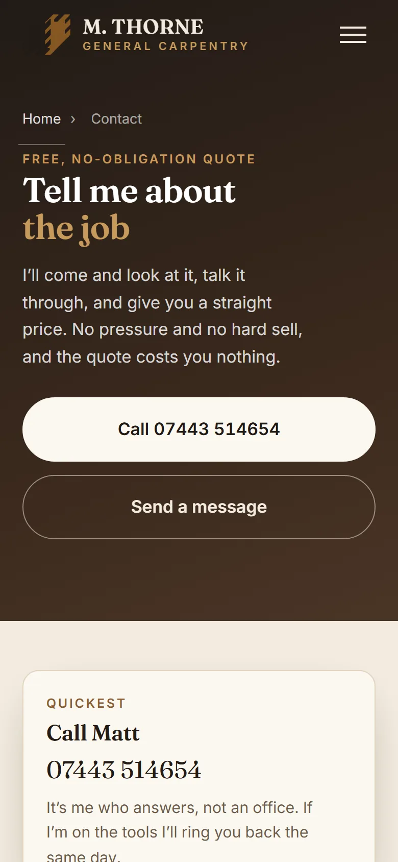 Contact, mthornecarpentry.co.uk on a phone