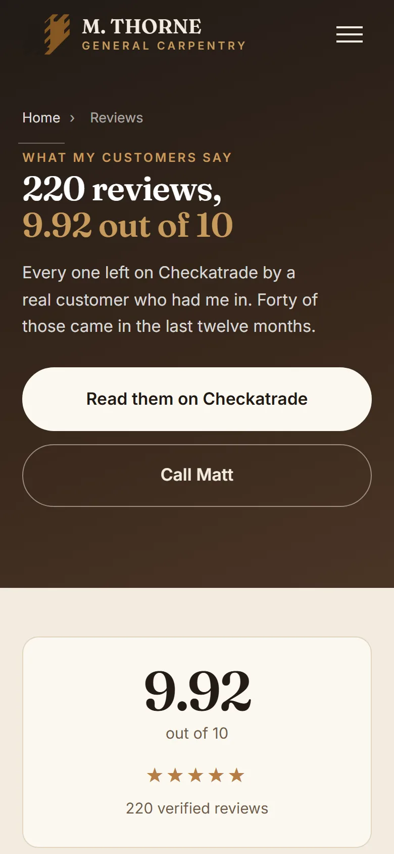 Reviews, mthornecarpentry.co.uk on a phone
