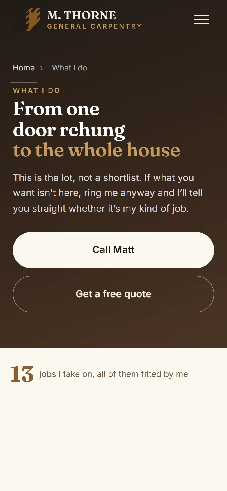 Services, mthornecarpentry.co.uk on a phone