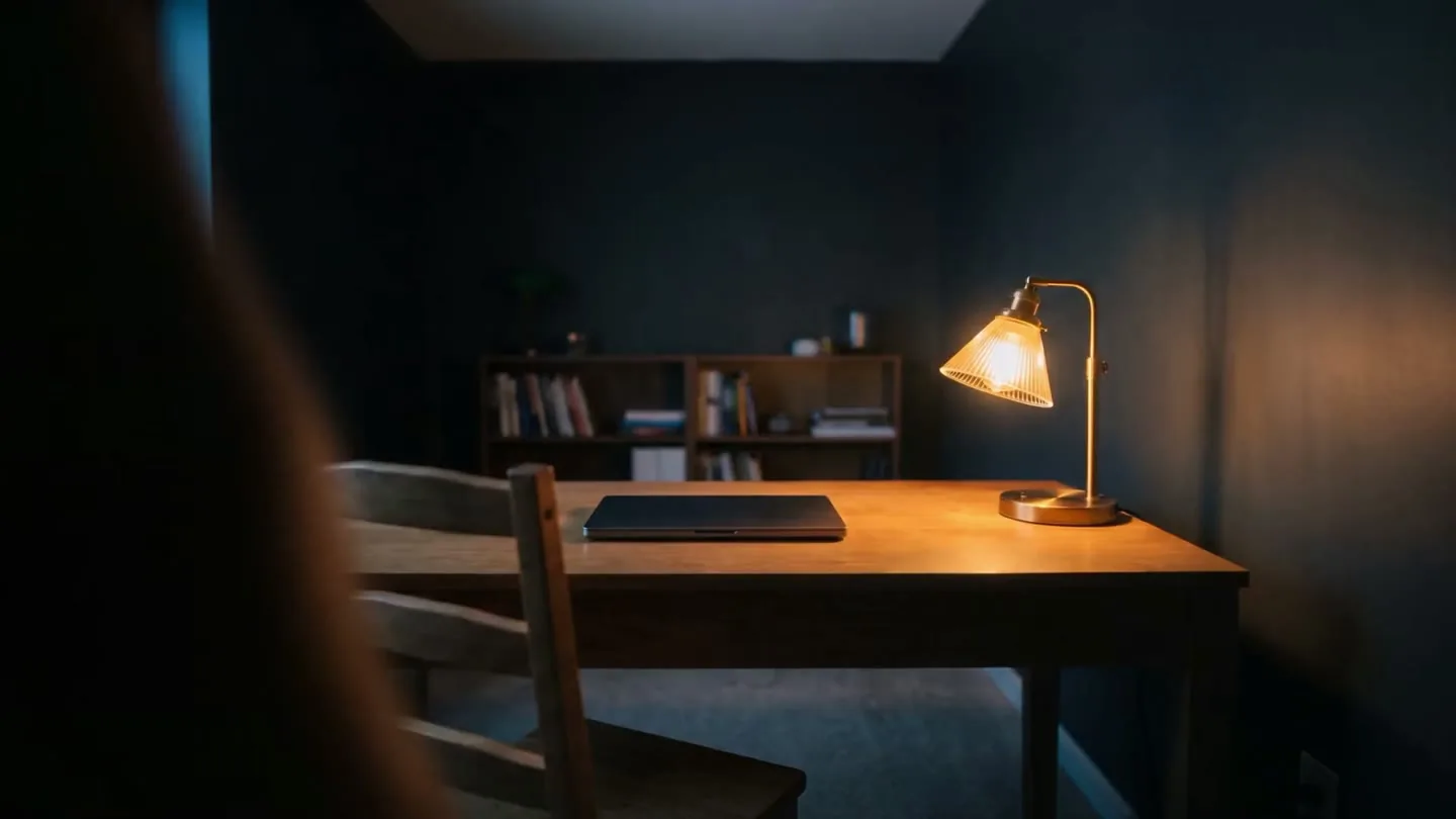 A desk at night: a closed laptop, a brass lamp, an empty chair, the window blue.